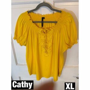 Women's Smocked Sunshine Yellow Tunic Crochet Front w/ Tie